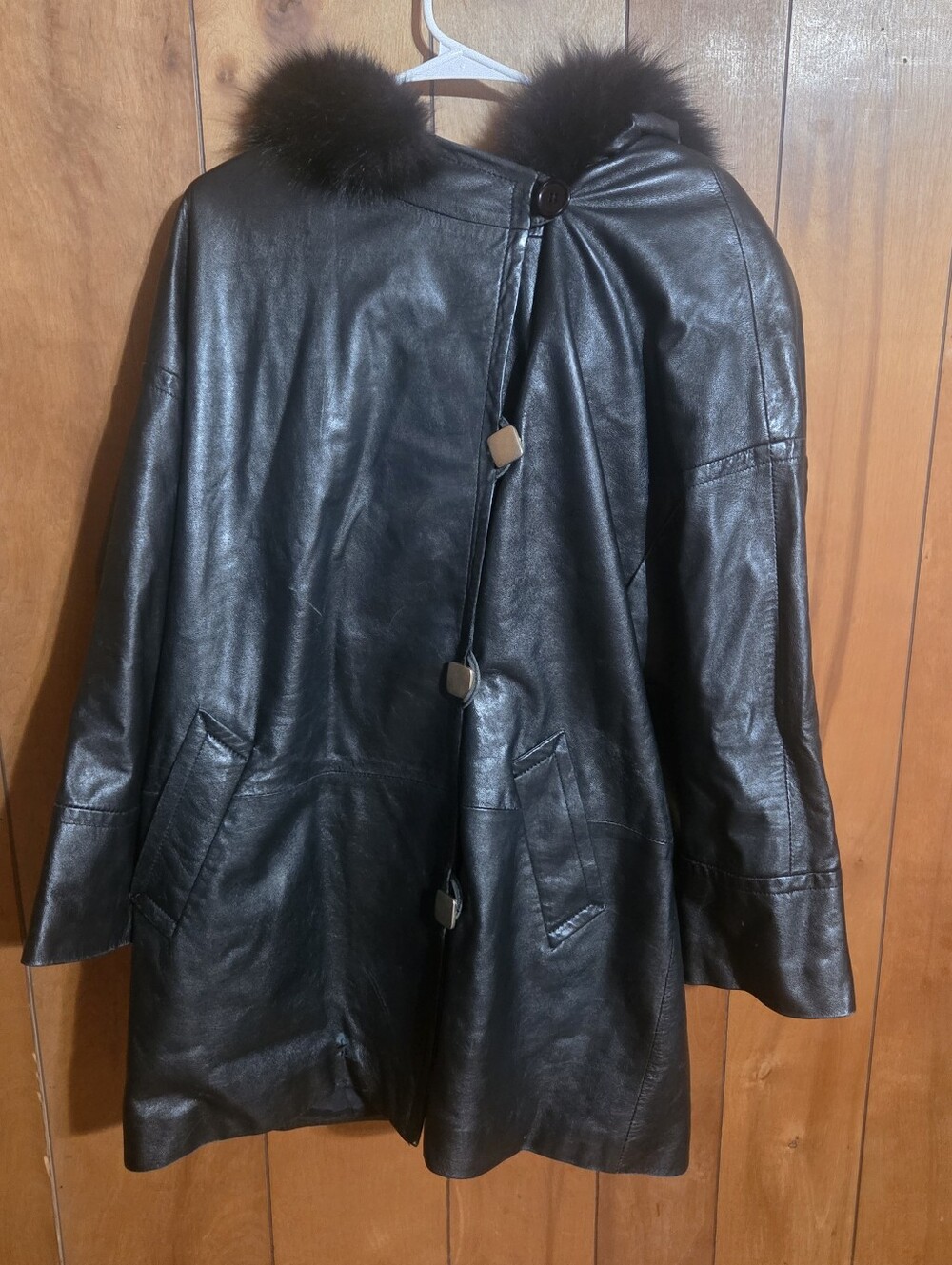 Vintage LNR Neiman Marcus Black Leather Coat w/ Real Fox Fur Collar 90s Mob Wife